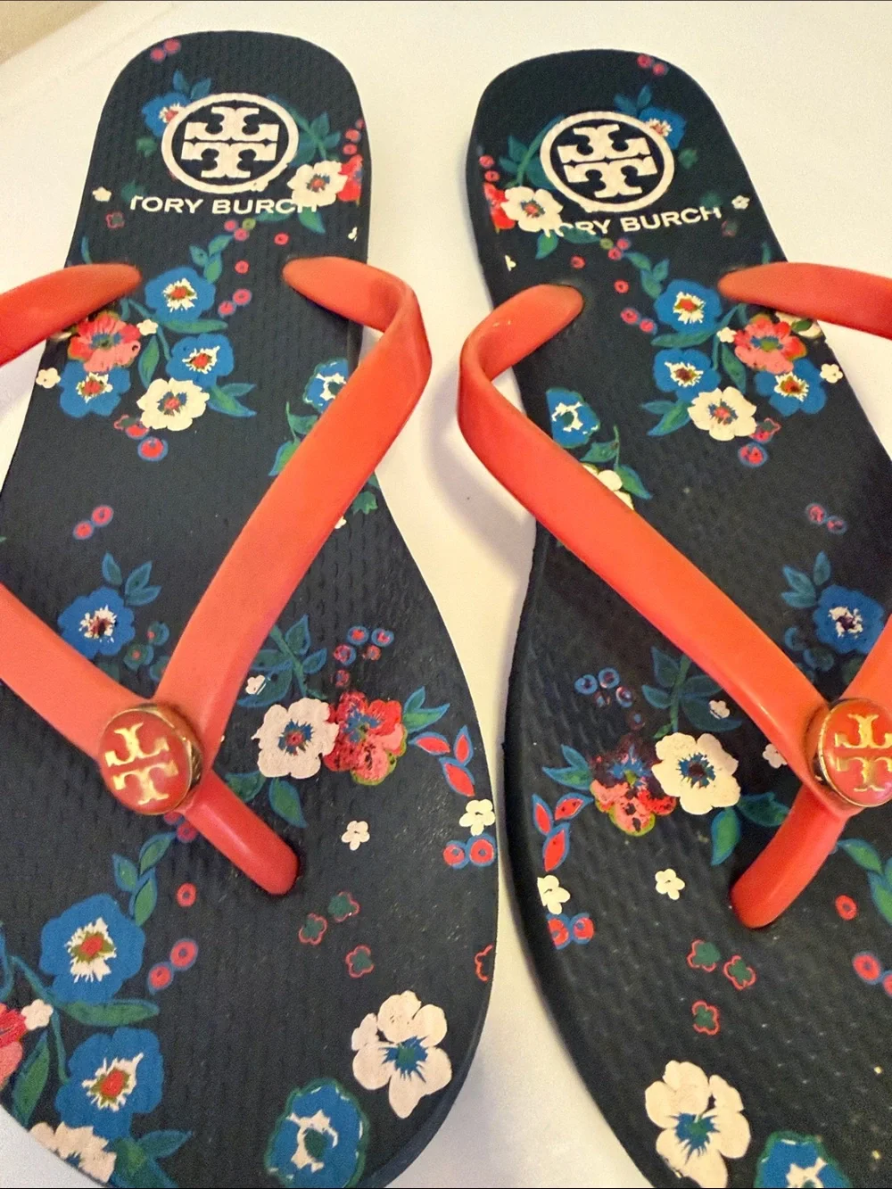 Tory Burch Floral Flip Flop Sandals with Coral Straps